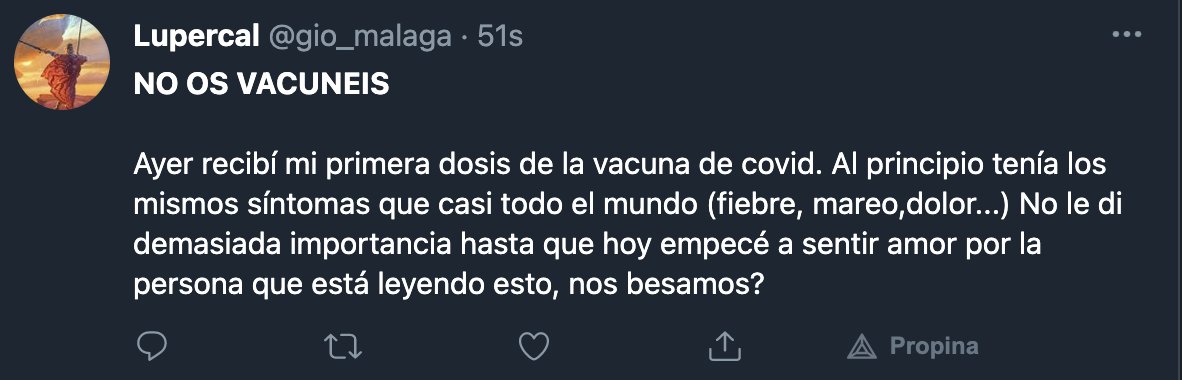 Fijaos, el hashtag NO OS VACUNEIS está totalmente promovido por bots para intentar influir y condicionar a la opinión pública y animarles a que se inoculen.Juegan muy sucio quien quiera que esté detrás (¿Gobierno?). Necesitar usar estas tácticas en redes es algo que apesta...