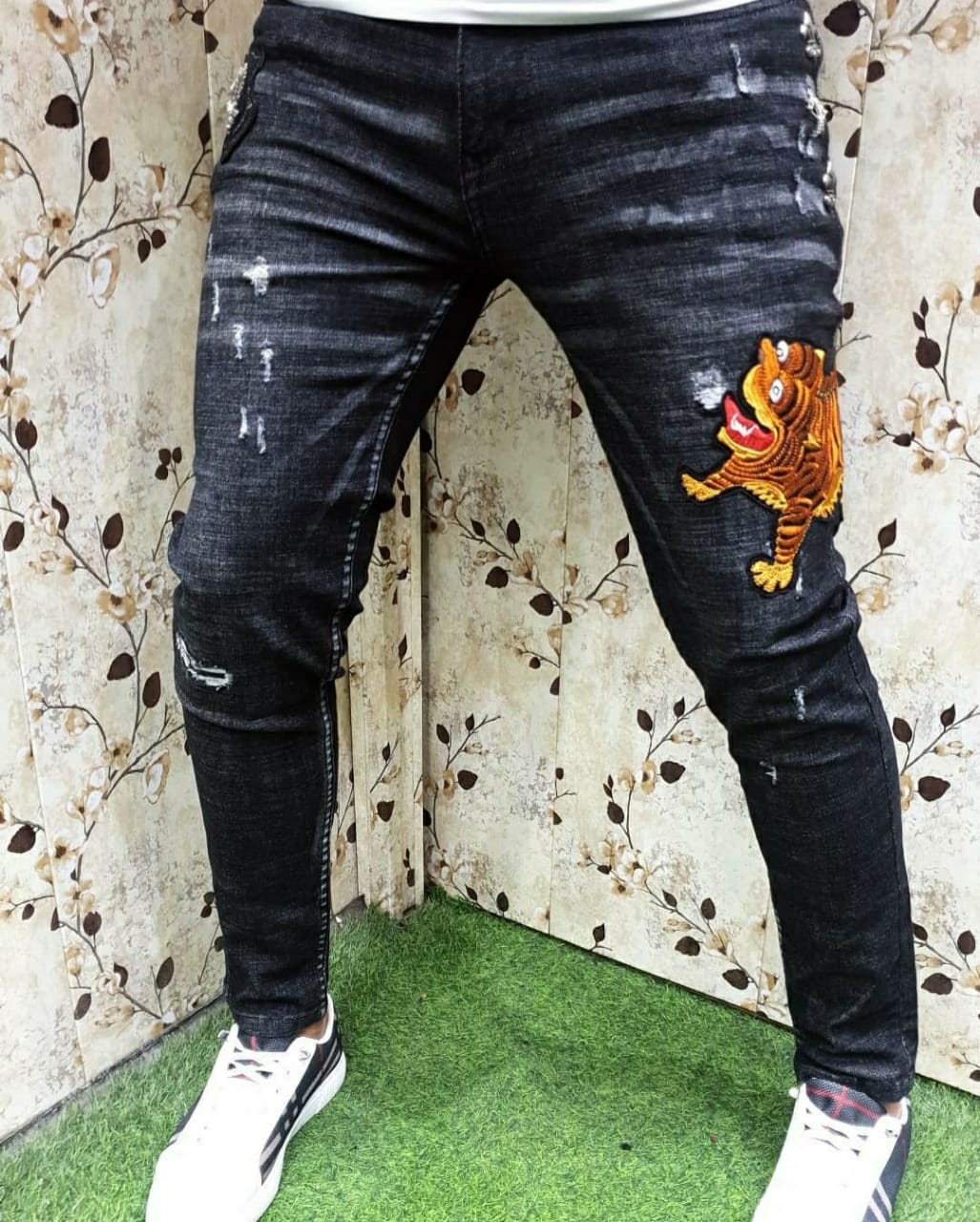 Amazon.co.jp: Men Slim Fit Denim Pants Scratch Classic Black Jeans Side  Print Wash Blue Jeans Pants Trousers Slim Fit Jeans Black 36 : Clothing,  Shoes & Jewelry