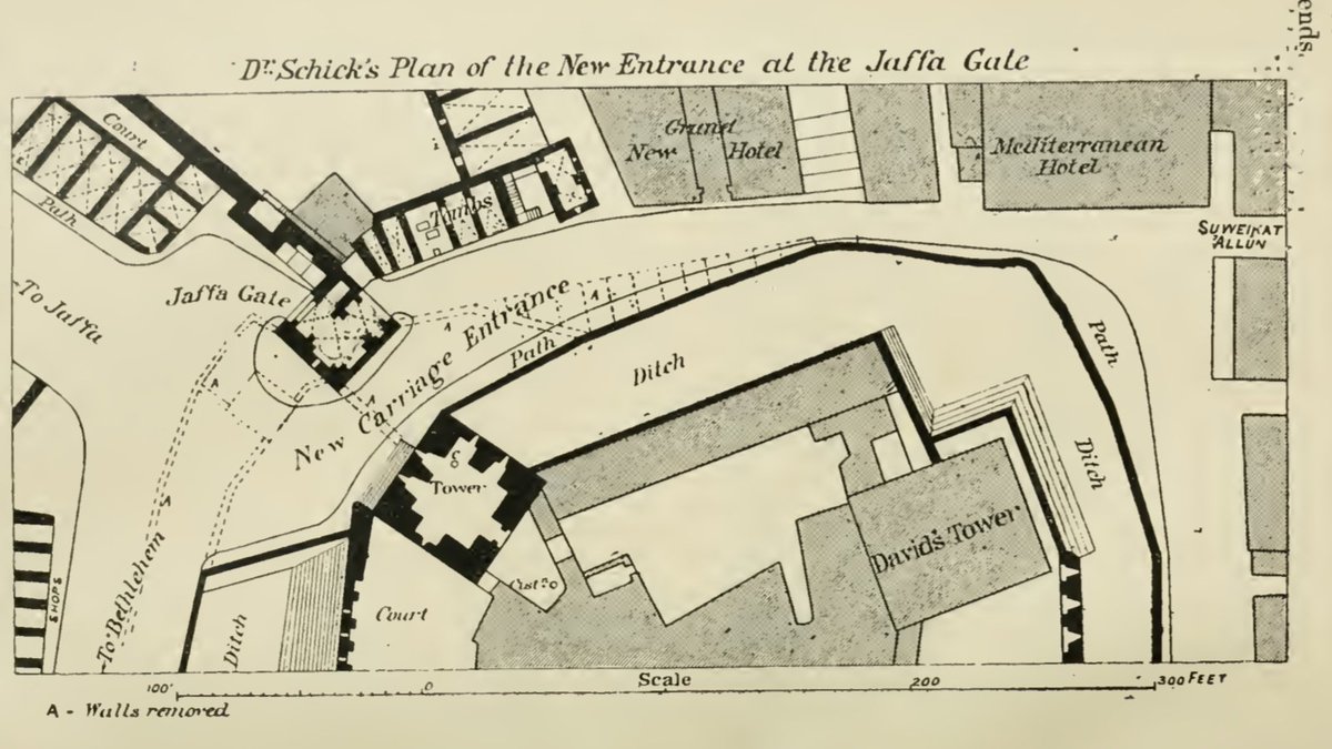 The kaiser's visit meant not only a breach in the wall but enlarging the road just inside gate.You can see the changes in this plan made at the time, with the dotted lines all removed (including a series of wooden shops just north of "Ditch".