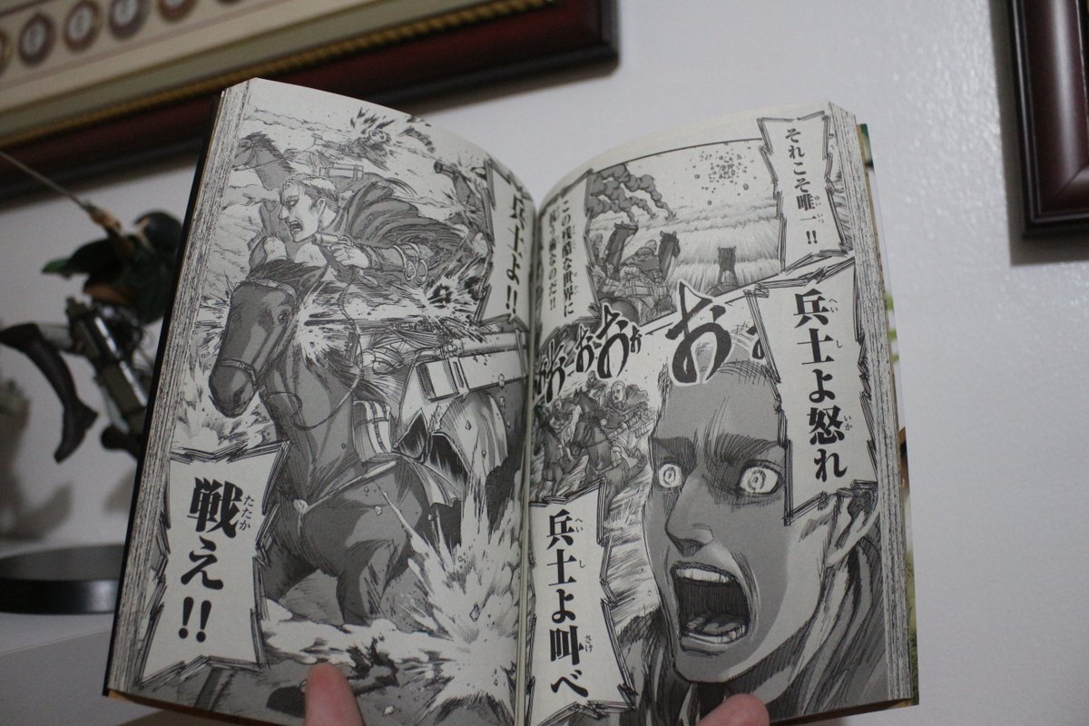 We know that in top shape or broken bones, he will do everything he can to attain that goal. Him doing the last Shinzou wo Sasageyo salute in the manga was well-deserved and a befitting one to represent his sacrifices and his fallen comrades. +8Pic: SnK Volume 20 (Jap. Ver.)