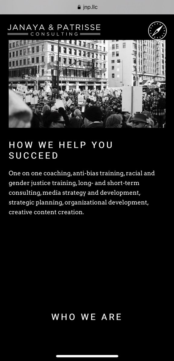 They “help you succeed” with “one on one coaching” (Who needs hyphens? That’s white supremacy.), “anti-bias training,” “racial + gender justice training,” “long- and short-term consulting.” On + on. They monetize protest photos to sell services, inc “creative content creation.”
