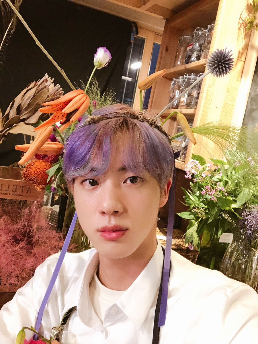 Jin in his flower crown made with his birth flower  in Run BTS episode!! His way beautiful than flowers!!