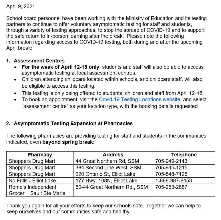 Important notice concerning asymptomatic testing for ADSB families and the link to the appointment booking site.

covid-19.ontario.ca/assessment-cen…
