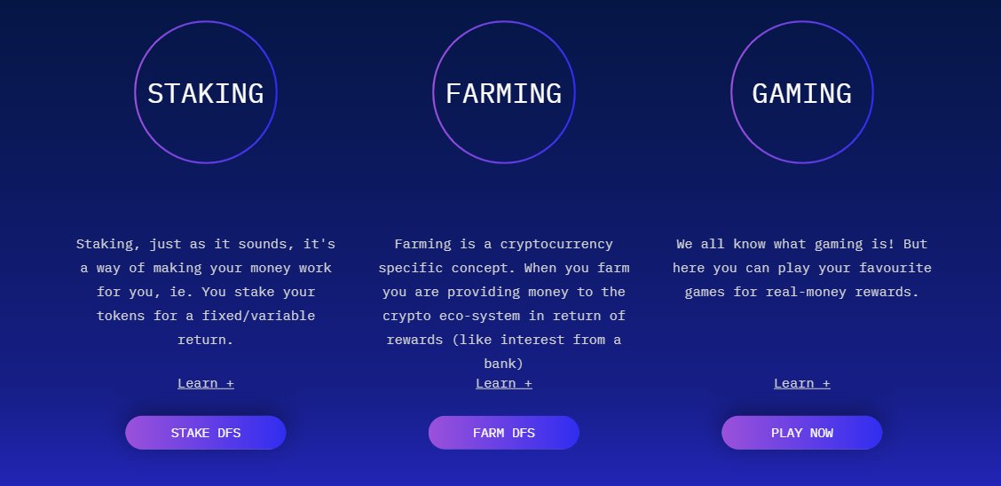 𝐅𝐀𝐑𝐌𝐈𝐍𝐆 / 𝐒𝐓𝐀𝐊𝐈𝐍𝐆 / 𝐆𝐀𝐌𝐈𝐍𝐆There are MULTIPLE ways to generate a passive income by holding  $DFS, staking and farming at +72% APY, but they also give rewards for gaming. You can play your favourite games for real-money rewards http://dfsocial.com/token.html 