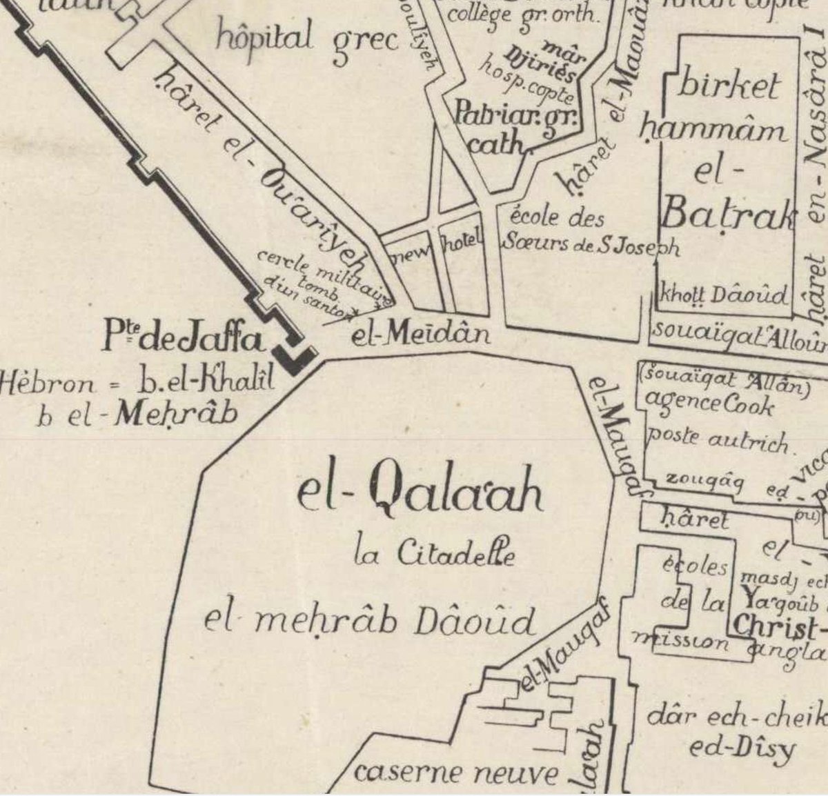 The street east from the gate (and to the north of the Citadel, or in Arabic al-Qala'a) is sometimes called al-Maidan ("the square") or sometimes David Street, the name of its continuation to the east.(L.H. Vincent, Jérusalem, vol. 1, pl. iii, 1912) http://iaa-archives.org.il/zoom/zoom.aspx?id=2349&folder_id=18&type_id=&loc_id=2