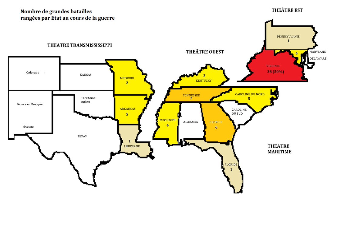 Cliophage's tweet photo. @etagereslivres @lecartographe @Geographedumond Théâtre immense mais avec pour corolaire une forte concentration des principales opérations sur quelques axes assez réduits (Triangle du nord de la Virginie, axe Chattanooga - Atlanta et quelques autres). 38 des 76 principales batailles entre Richmond et DC (sponsorisé par Paint) https://t.co/Ww19SxDHTk