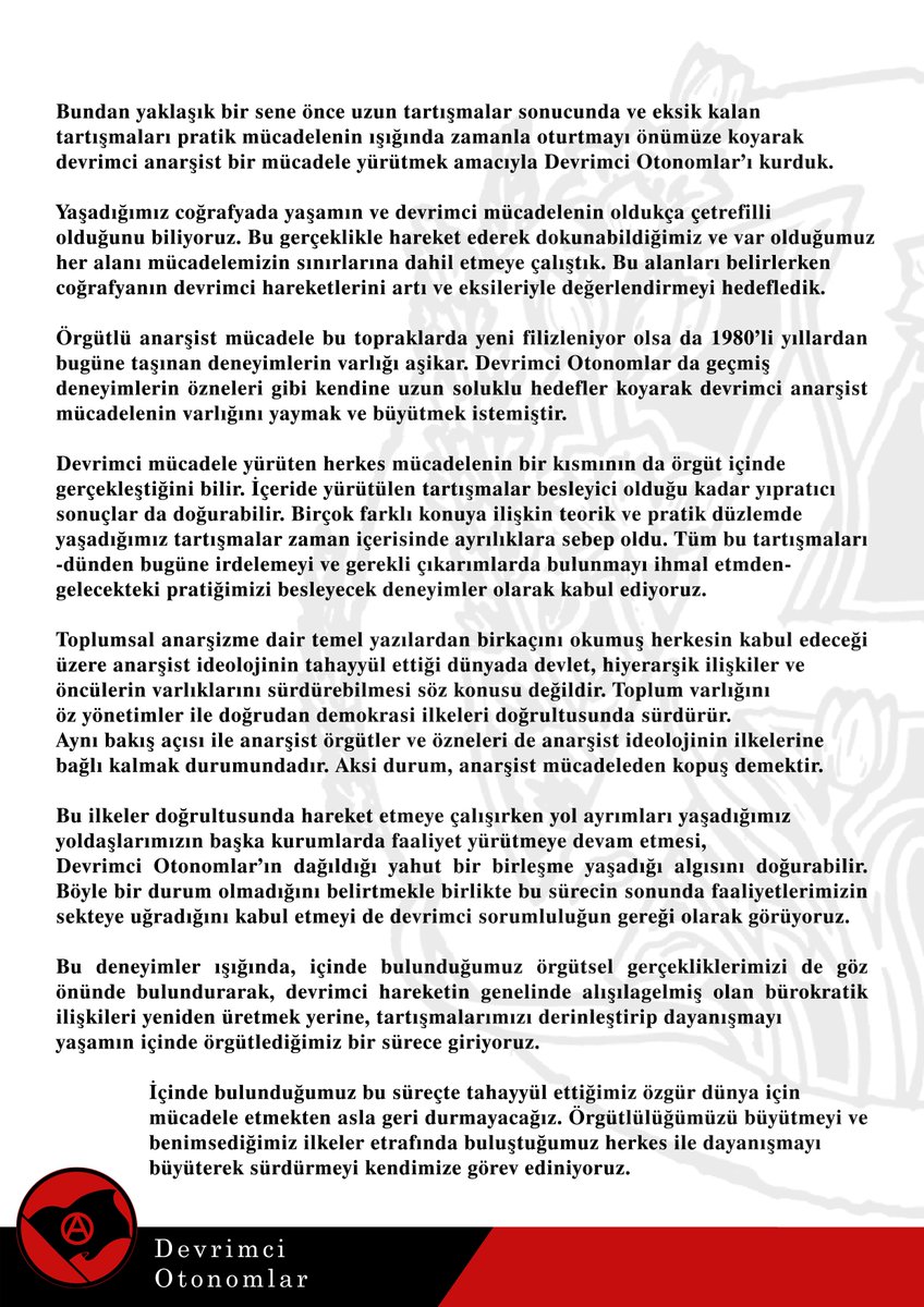 Devrimci Otonomlar ve son sürecimize dair açıklama: