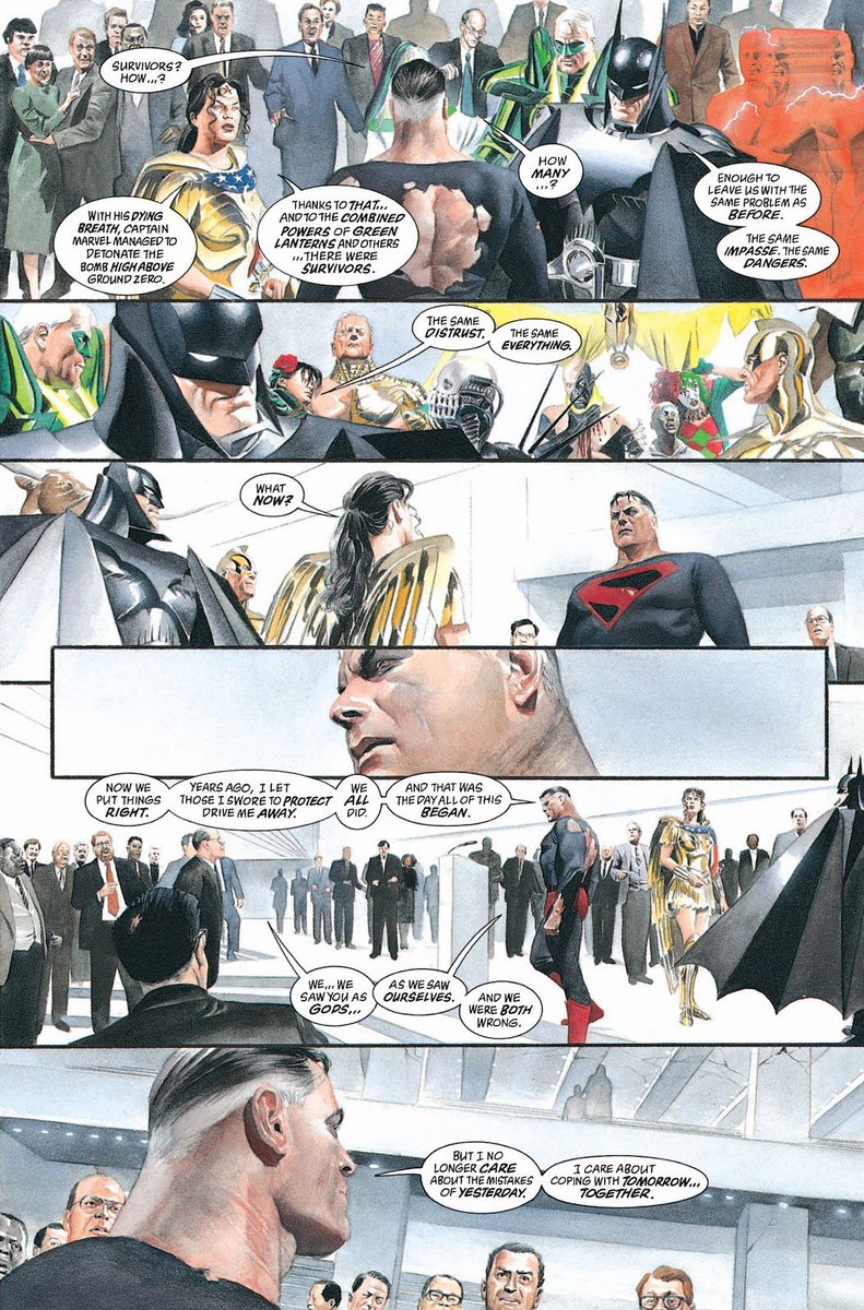 Faith in their protectors had warped into something ugly. And it was completely justified. Even the heroes didn’t believe in themselves. The next sequence of panels are some of the most powerful pieces of literature I’ve ever read. The judge of these events calms down Superman..