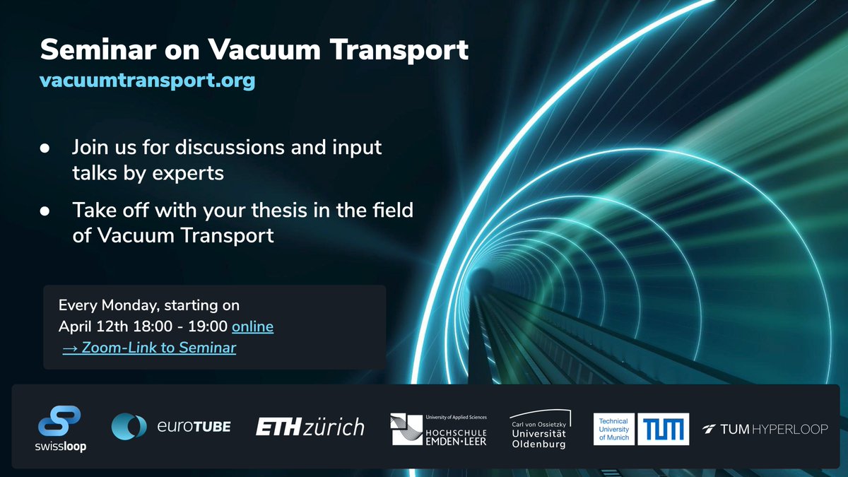 TUM_Hyperloop's tweet photo. On the 12th of April 2021, the vacuum transport seminar will enter its 3rd round! For further information as well as the topic overview, head to https://t.co/HiVc5MaJzq.
#transport #sustainability #innovation #environment #hyperloop https://t.co/8SEbqmZrgI
