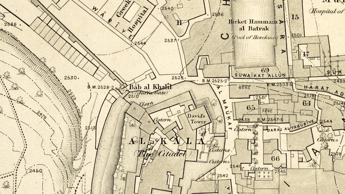 The area north of the Maidan was built up over the 2nd half of the 19th century; here in 1865 it's mostly empty lots.(btw note the Arabic name of Jaffa Gate, Bab al-Khalil)Ordnance Survey map, via the R.F. Burton Map Collection, Huntington Library https://hdl.huntington.org/digital/collection/p15150coll4/id/7159/~mp