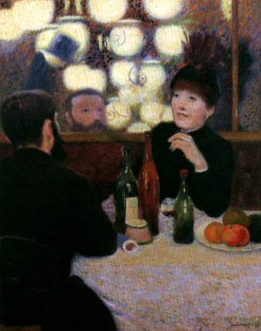 So, instead of a painter at the posh Café Tortoni, we may instead be looking for a journalist hanging out at the bohemian Café Nouvelle Athènes, where Manet presided over a weekly meetup of artists and writers. (below, the café as painted by Degas, Forain, and Zandomeneghi)