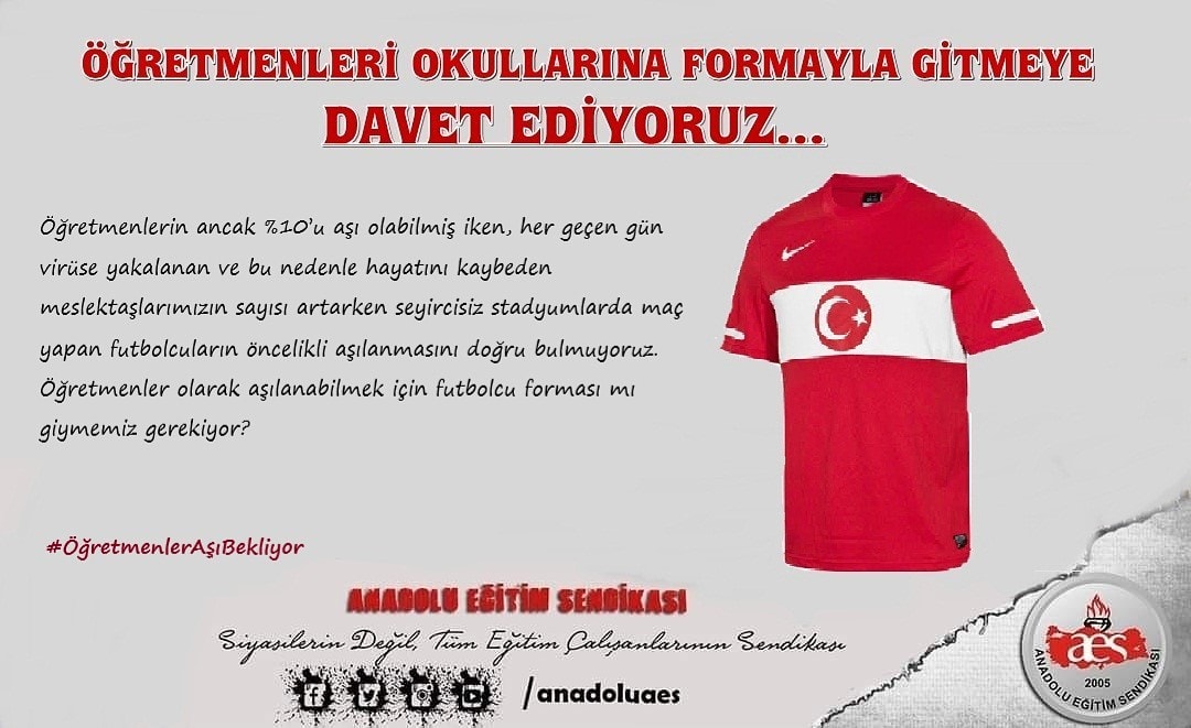 OrsNihat's tweet photo. ÖĞRETMENLERİ OKULLARINA FORMAYLA GİTMEYE DAVET EDİYORUZ…

Öğretmenlerin ancak %10’u aşı olabilmiş iken, her geçen gün virüse yakalanan ve hayatını kaybeden meslektaşlarımızın sayısı artarken seyircisiz stadyumlarda maç yapan futbolcuların öncelikli aşılanmasını doğru bulmuyoruz. https://t.co/1RYm4JMwJu