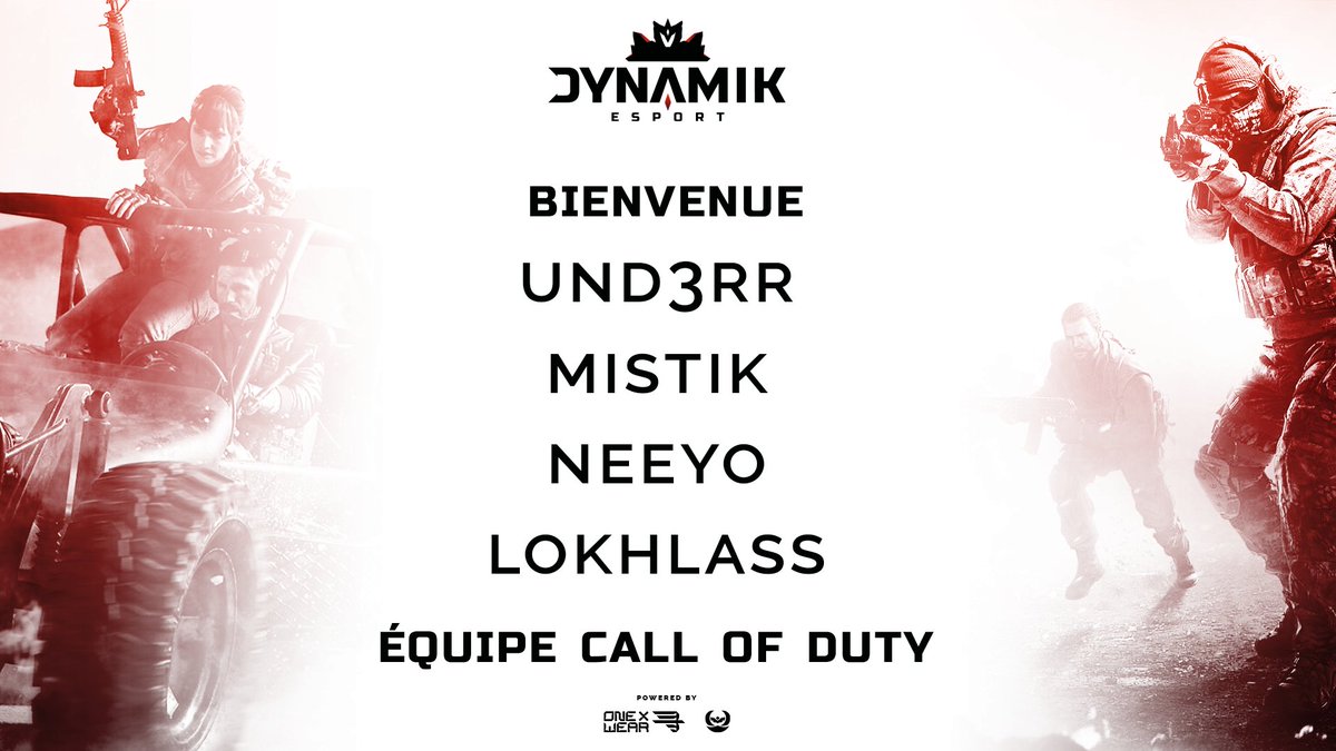 DynamikEsports's tweet photo. [#CoDBOCW]

Voici la nouvelle composition de l'équipe COD 🔥

-@UnderKer -@mistiktaxi -Neeyo et Lokhlass

Dimanche 11 avril on aura l'occasion de les voir en tournoi de @sked_gg. 

Venez les supporter, le lien du stream sera posté sur notre discord. 
#DNKWIN https://t.co/lyUbi6T2XH