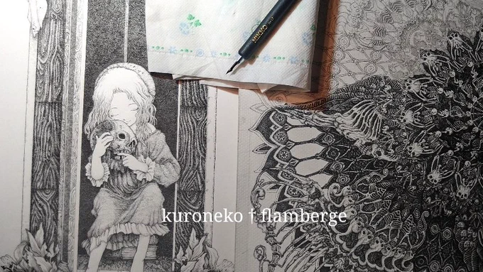 この2つの絵を並べてみる。女の子の絵の方が古くて、曼荼羅の方が新しいけれど、こうして並べると細かい点が打てる様になったんだなと漸く実感できた。 