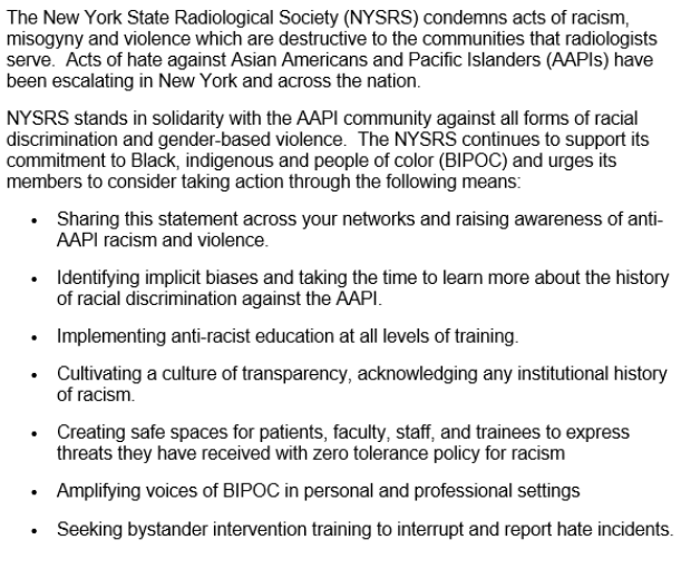 NYSRSociety's tweet photo. The New York State Radiologic Society statement in support of the AAPI community. Thankful to our Diversity &amp; Inclusion Committee led by Dr. Yee and Dr. Kagetsu for their advocacy and support 👏 https://t.co/KruwZjLzUM