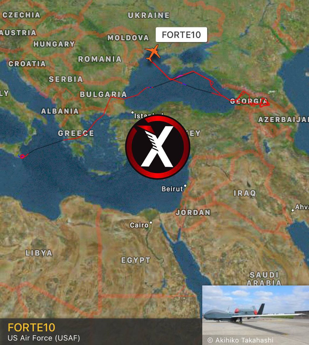 The US Air Force RQ-4A Global Hawk high-altitude reconnaissance drone from the Sigonella airbase in Italy has been operating :Black Sea Crimea BordersGeorgia - Russian borders Crimea Borders  Now heading towards Donbas/Donetsk  #Russia #Ukraine  #Donbass