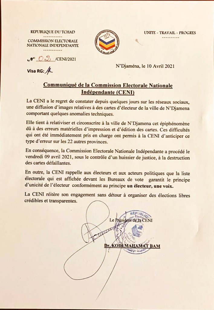 Communiqué de la CENI.
#ELECTIONPRÉSIDENTIELLE2021.