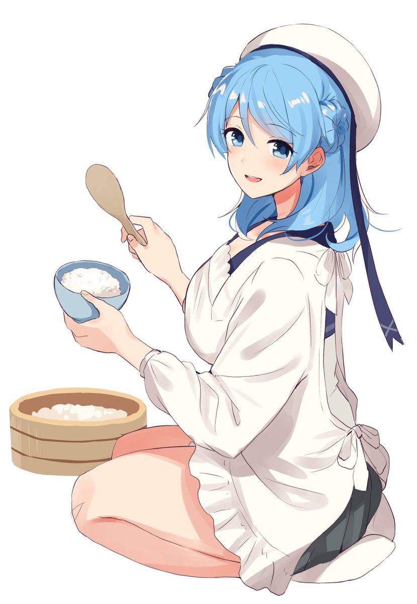 urakaze (kancolle) 1girl kappougi hair bun blue hair solo blue eyes apron  illustration images