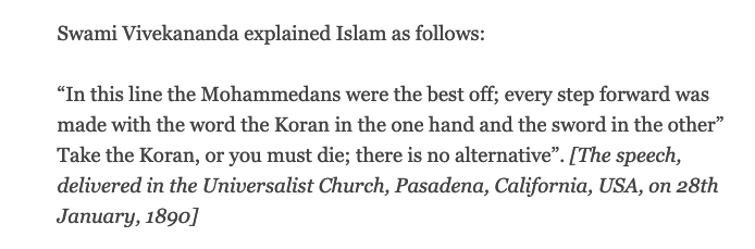 Vivekananda "Vast majority of d H converted to Islam & Xtanity are perverts by sword, or d descendants of these.”"Every step forward was made with d word d Koran in the one hand & d sword in the other” Take the Koran, or u must die; no alternative” https://twitter.com/PChidambaram_IN/status/1380851966067101702?s=20