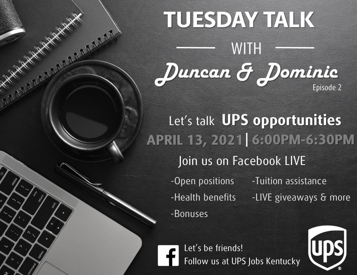 UPSJobsKY's tweet photo. Tuesday Talk Episode 2 on our Facebook Live coming up on 4/13! Join us for a good time and a chance to see the opportunities we have available here at UPS!
#TuesdayTalk
#FacebookLive
#DuncanAndDominic
#PickYourPackage
#JoinOurTeam
#UPSJobsKY https://t.co/pzOwpC5hrd