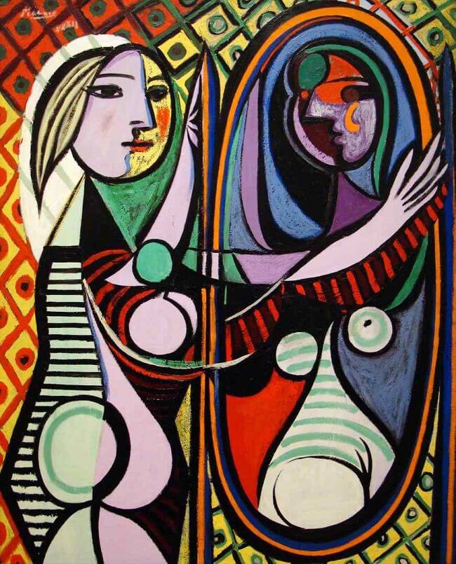 'girl before a mirror' by pablo picasso-s t r e t c h e d to two canvases so the head holes hit in the right place-will probably edit significantly-i love my l o n g a r m-one of the few here that ive seen in-person, was fixated on it as a kid