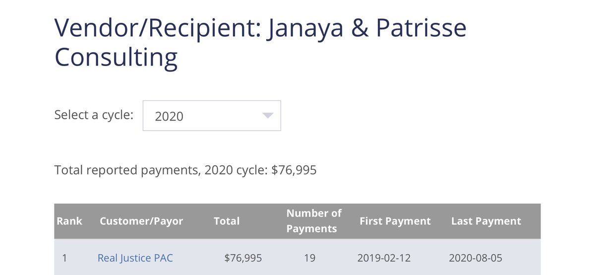 Janaya & Patrice collected at least $76,995 through 19 payments in 2019 from “Real Justice PAC,” where she was a leader along with controversial Shaun King. They led “Reform LA Jails” and opened jails. Real Justice PAC:  https://realjusticepac.org/team/patrisse-cullors/Fees:  https://apps1.lavote.net/camp/Schedules/5199.pdf