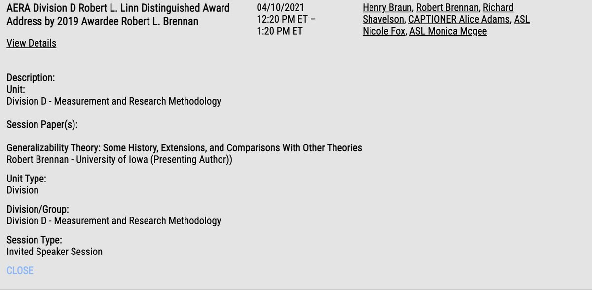 AERA Division D (@aera_div_d) on Twitter photo AERA Division D Measurement and Research Methodologies
Award Sessions
•Robert L. Linn Distinguished Award Address by 2019 Awardee Robert L. Brennan
Sat, April 10, 12:20 to 1:20pm EDT
<a href="/AERADivDGrad/">DivD Grad Students</a> <a href="/AERA_EdResearch/">AERA</a> <a href="/AERASIG168/">AERA SIG 168 Graduate and Postdoctoral Education</a> @ AERA Division D Measurement and Research Methodologies
Award Sessions
•Robert L. Linn Distinguished Award Address by 2019 Awardee Robert L. Brennan
Sat, April 10, 12:20 to 1:20pm EDT
<a href="/AERADivDGrad/">DivD Grad Students</a> <a href="/AERA_EdResearch/">AERA</a> <a href="/AERASIG168/">AERA SIG 168 Graduate and Postdoctoral Education</a> @