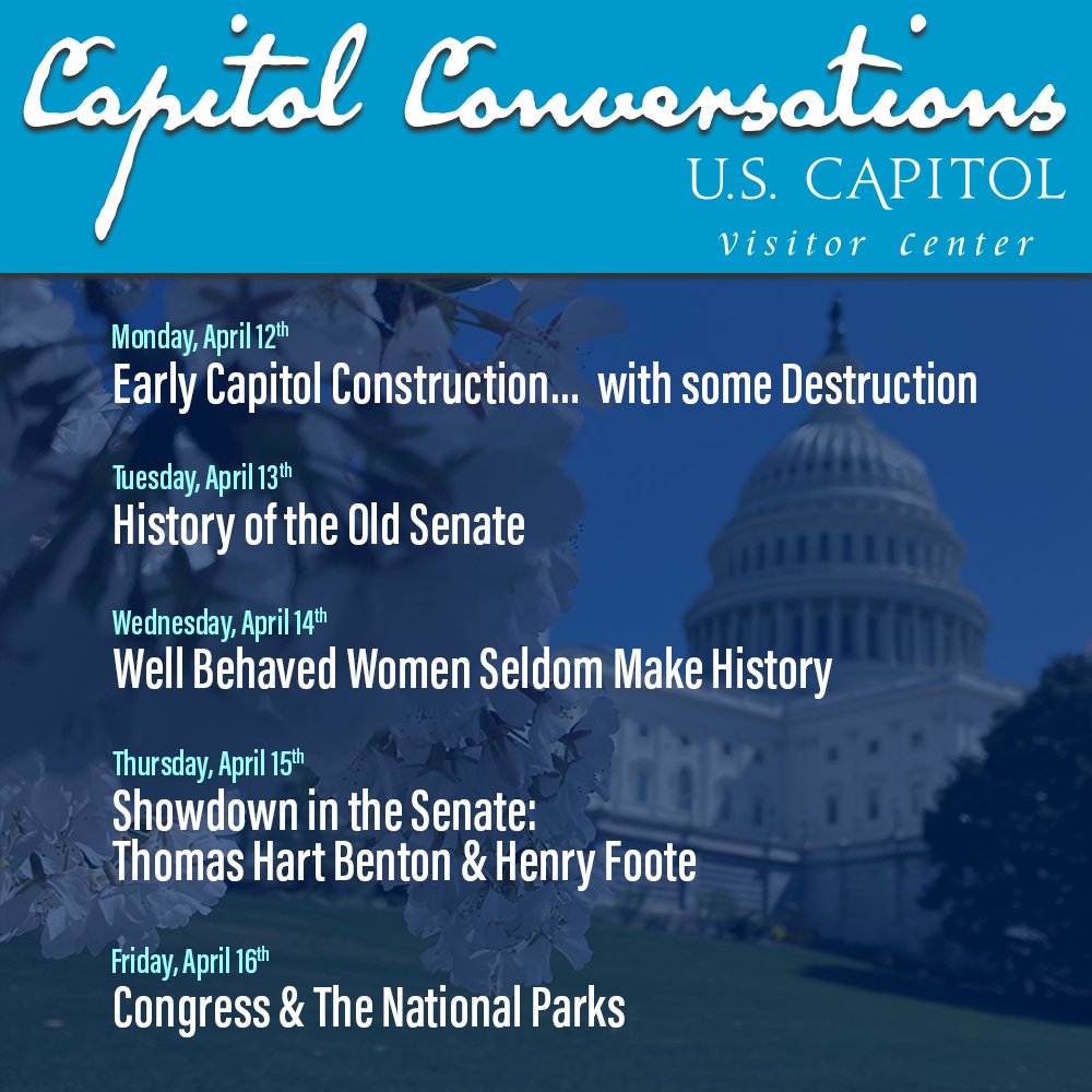 Do well behaved women make history? Just what happened between Sens. Thomas Hart Benton and Henry Foote in 1850? Check out the great line up for this week's Capitol Conversations. We look forward to seeing you Monday-Friday at 1 pm on Zoom. Register at visitthecapitol.gov/capitol-conver…