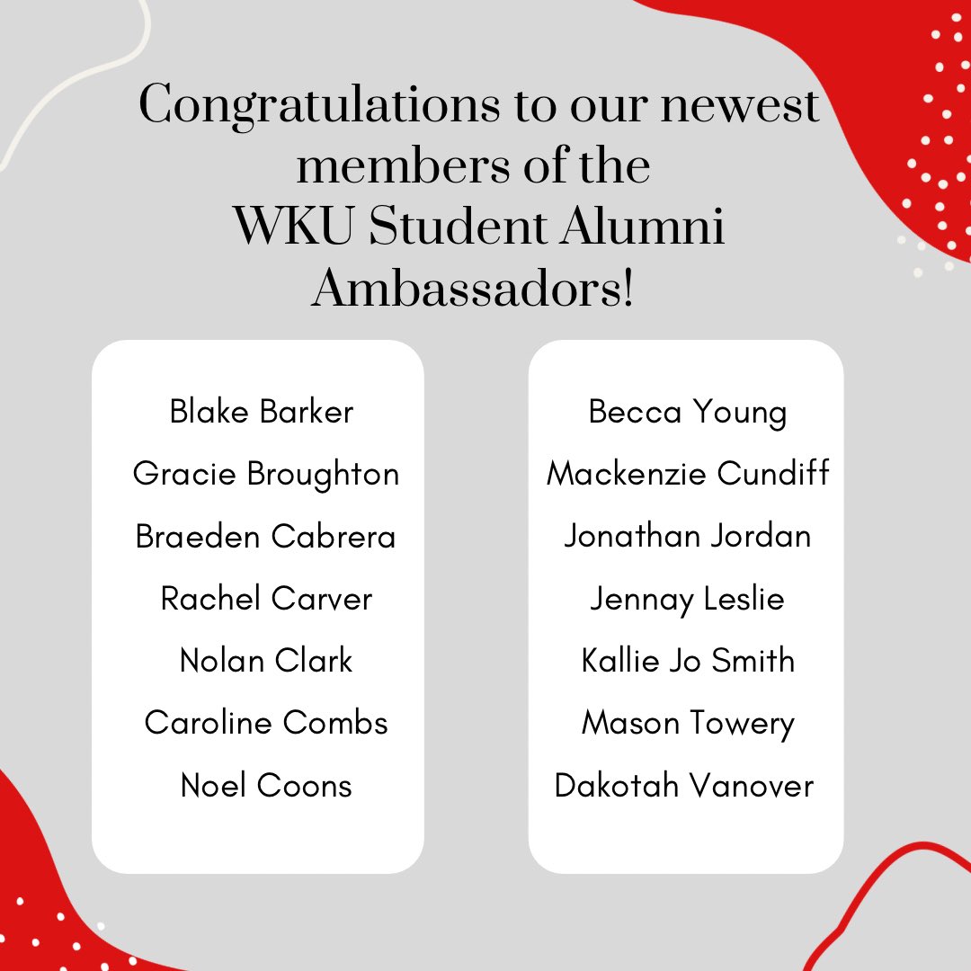 We are excited to officially announce our newest members of the WKU Student Alumni Ambassadors! Go Tops!