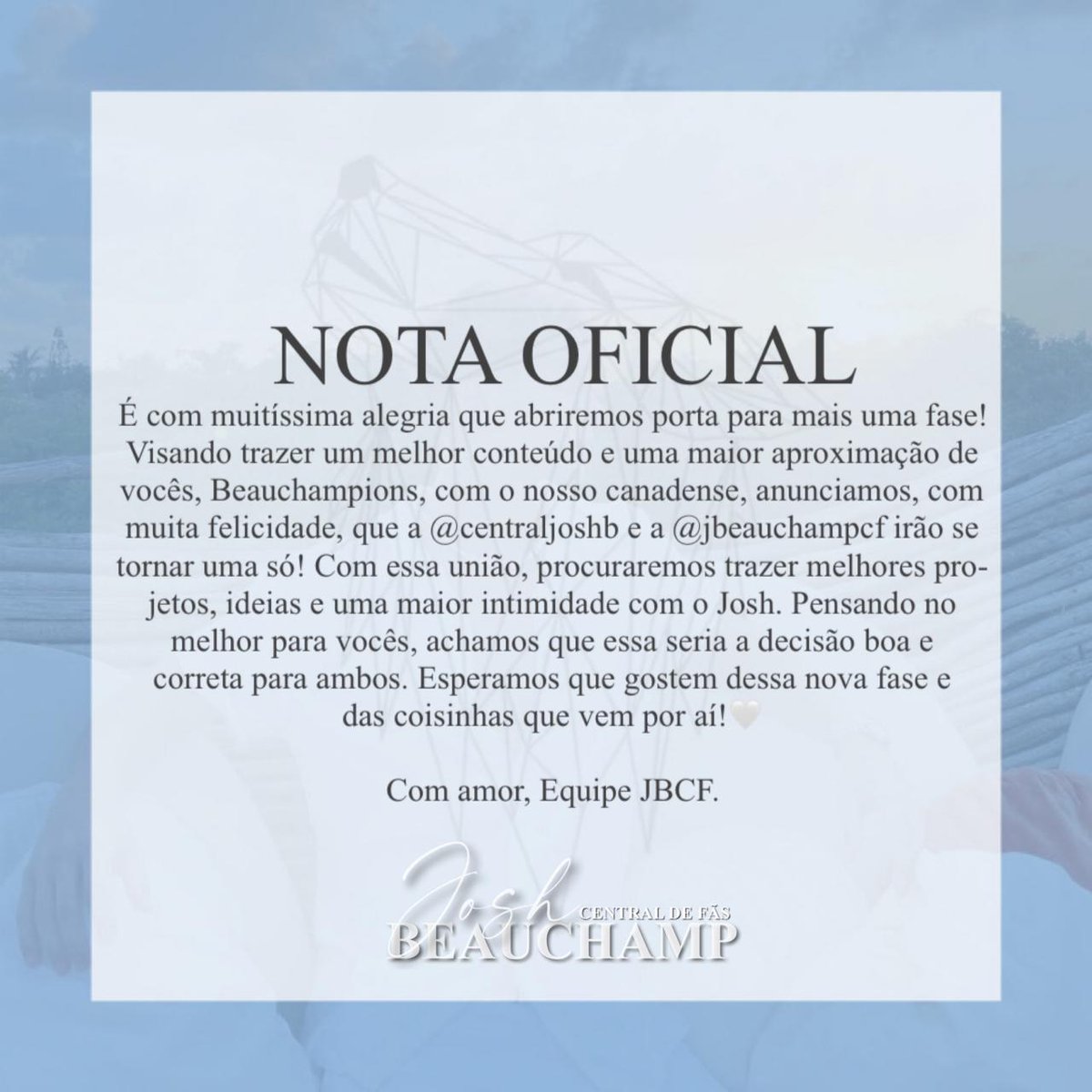 centraljoshb's tweet photo. É com muitíssima alegria que abriremos porta para mais uma fase! 
Visando trazer um melhor conteúdo e uma maior aproximação de 
vocês, Beauchampions, com o nosso canadense, anunciamos, com 
muita felicidade, que a @centraljoshb e a @jbeauchampcf irão se 
tornar uma só! https://t.co/MvjHSyT4BE