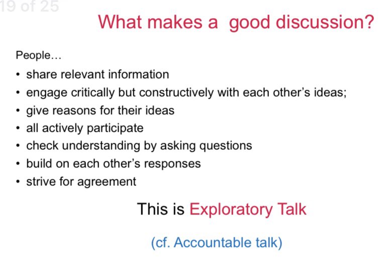 lansi_tc's tweet image. Key elements of a good discussion-Neil Mercer @profneilmercer #LANSIVirtualLectureSeries @tcalandtesol @TeachersCollege @AAALGrads @__BAAL @AERA_EdResearch