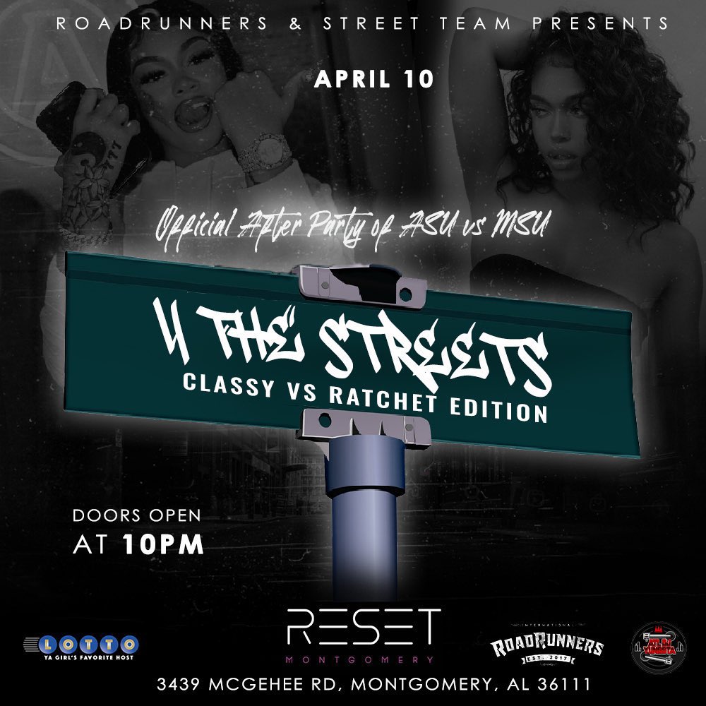 Streetrunners 🏃🏽🏃🏽‍♀️ presents

        ✌🏽 4 The Streets ✌🏽

🏃🏽- THE LAST PARTY FROM US 

🏃🏽‍♀️- THE FINAL HOME GAME 

🏃🏽- DOORS OPEN AT 10pm 

🏃🏽‍♀️- TICKETS SOLD OUT - $10 til blowed 🤯

🏃🏽- Text 8507606650 for sections  

🚨 COOKOUT AT OAK PARK ON SUNDAY AT 3pm 🚨

#myasu #myaum #TU