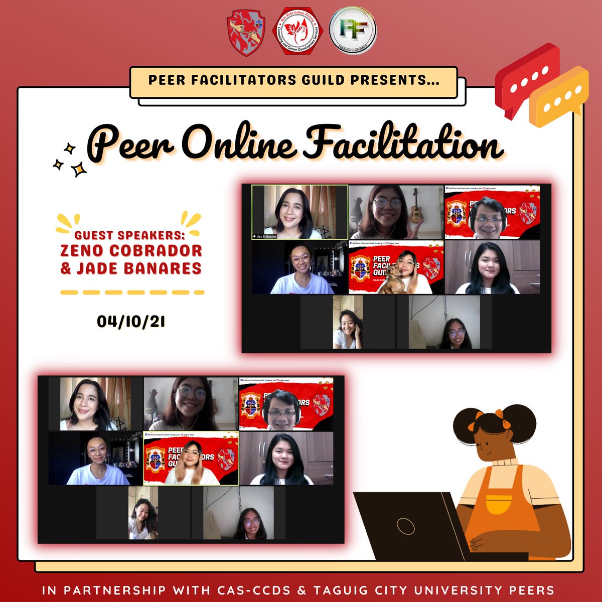 SBCA_PFG's tweet photo. PFG’s first webinar for this 2nd sem entitled “Peer Online Facilitation” with guest speakers from Taguig City University Peers, Zeno Cobrador &amp; Jade Bañares. Thank you speakers for sharing your expertise, we are grateful!

Thank you Peerkadas for joining! Til our next events! ❤️ https://t.co/lnwgNf6F6X