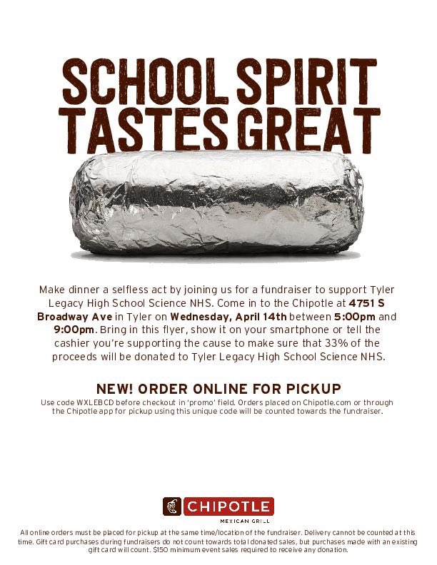 Mark your calendars and come out to support our <a href="/TLRedRaiders/">Tyler Legacy High School</a> Science NHS spirit night. Stop by <a href="/ChipotleTweets/">Chipotle</a> on April 14th from 5:00pm-9:00pm for our fundraiser and they’ll donate 33% of the proceeds to support our cause. 🌯 Giving back never tasted so good! <a href="/MsPerryChem/">JP</a>