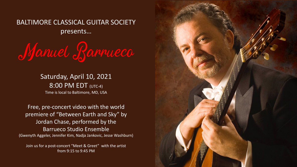 <a href="/ManuelBarrueco/">Manuel Barrueco</a> concert tonight at 8pm UTC-4. Available for 72 hours on Vimeo with a concert ticket:
bcgs.org/event/manuel-b…

#classicalguitar #guitar #guitarist #myBmore