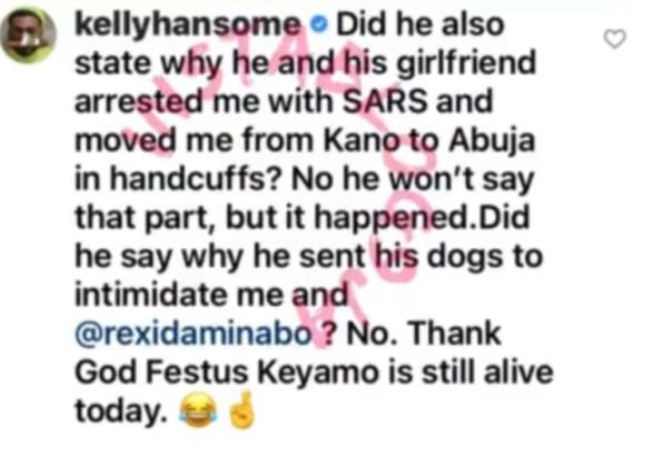 ““Did he also state when he and his girlfriend arrested me with SARS and moved me from Kano to Abuja in handcuffs? No he won't say that part, but it happened. Did he say when he sent his dogs to intimidate me and  @rexidaminabo? No. Thank God Festus Keyamo is still alive.”” –