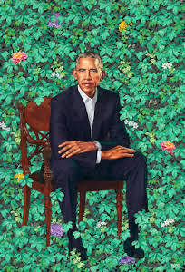 'president barack obama' by kehinde wiley-lazy leaves: i filled in the background w. a base green & then drew a messy grid on the diagonal w. a darker green. then at the bottom of each resulting diamond, i added a highlight green. randomly break up the grid lines w. more shadow