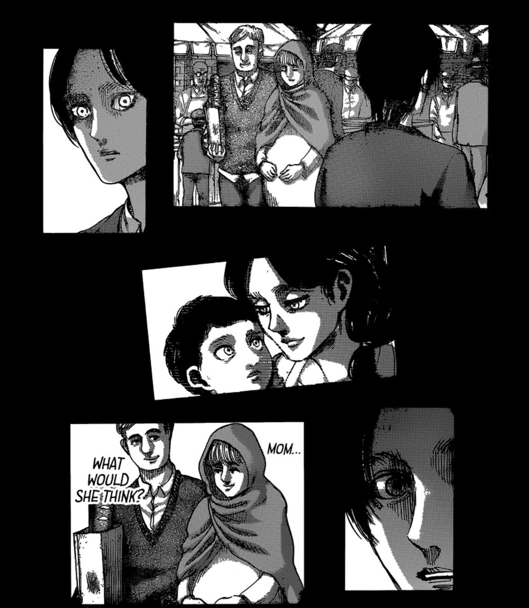 Di Ch 131, diperlihatkan Eren berpapasan dgn seorang wanita hamil. Disana ia teringat dgn mendiang ibunya. Eren kemungkinan sudah mengingat bahwa ia yg menjadi penyebab kematian Carla. Tapi disana Eren seperti bertanya apa yg akan ibunya pikirkan jika ada disituasi Eren kala itu.