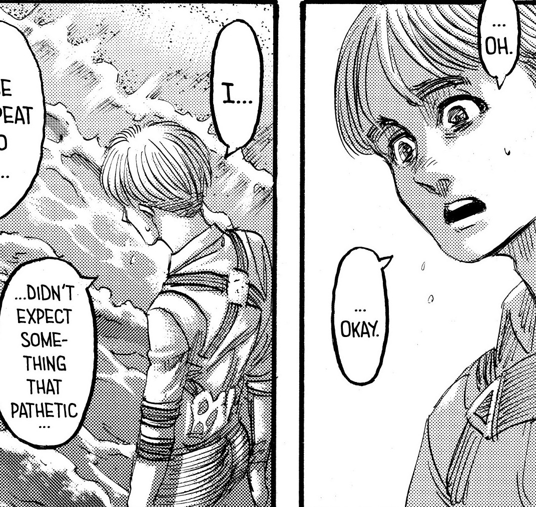 Eren is a multilayered character & that’s why he has more than one reason behind his horrible actions & why his words here regarding Mikasa were in character for him considering how childish, selfish & bratty he can be, which is why Armin’s expression here was like “wtf was that“