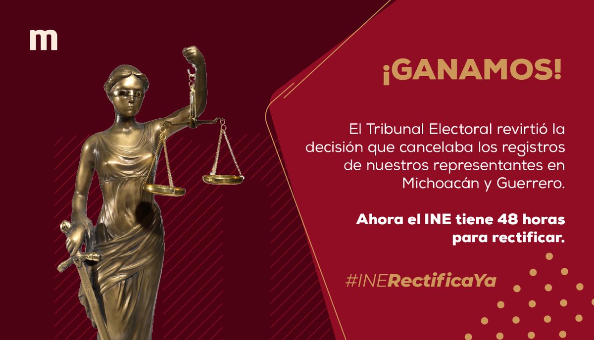PartidoMorenaMx's tweet photo. La ley nos dio la razón. 

La mafia de la corrupción ha querido utilizar al INE para conseguir desde los despachos lo que no pueden en las urnas. No lo vamos a permitir, no podrán clausurar la democracia de nuestro país.

#INERectificaYA https://t.co/oEVoYaKtR4