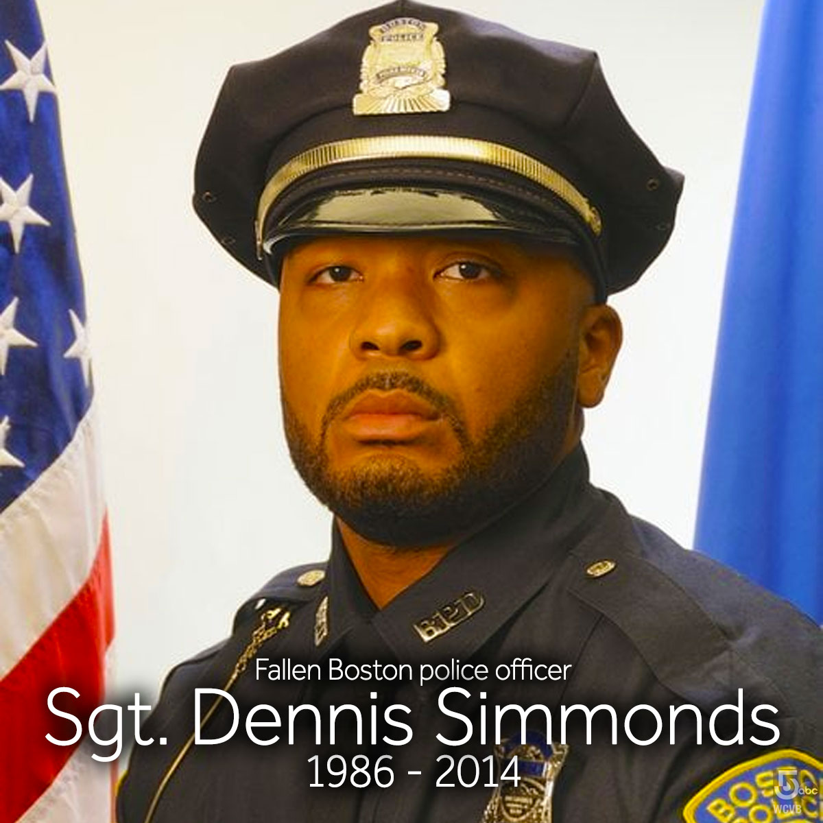 WCVB's tweet image. Today, we remember the courage and sacrifice of #Boston police Sgt. Dennis Simmonds. On this day 7 years ago, Simmonds died of a medical emergency that stemmed from the injuries he suffered while responding to the 2013 shootout with the Boston Marathon bombers in Watertown. #RIP