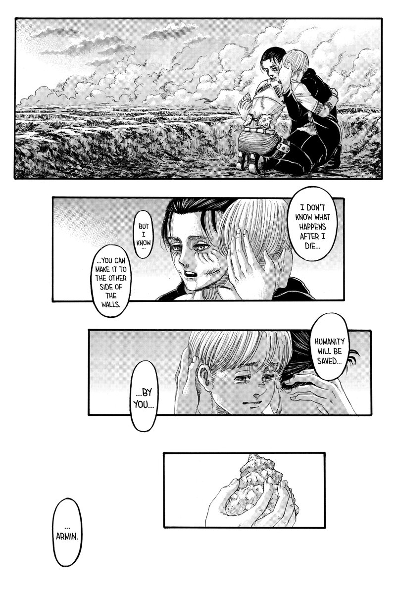 About Eren and Armin’s final farewell, it was bittersweet. They were always meant to drift apart from one another due to their different views about the world. But seeing these two best friends bid their last goodbye was really emotional