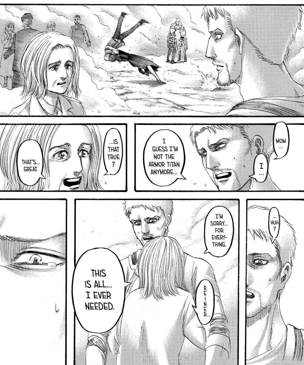 We got Reiner, one of my favorite characters in the series and without a doubt one of the most prominent ones from post ts, and he didn’t even get one single memorable quote in the chapter - besides his talk with Karina - let alone a big moment