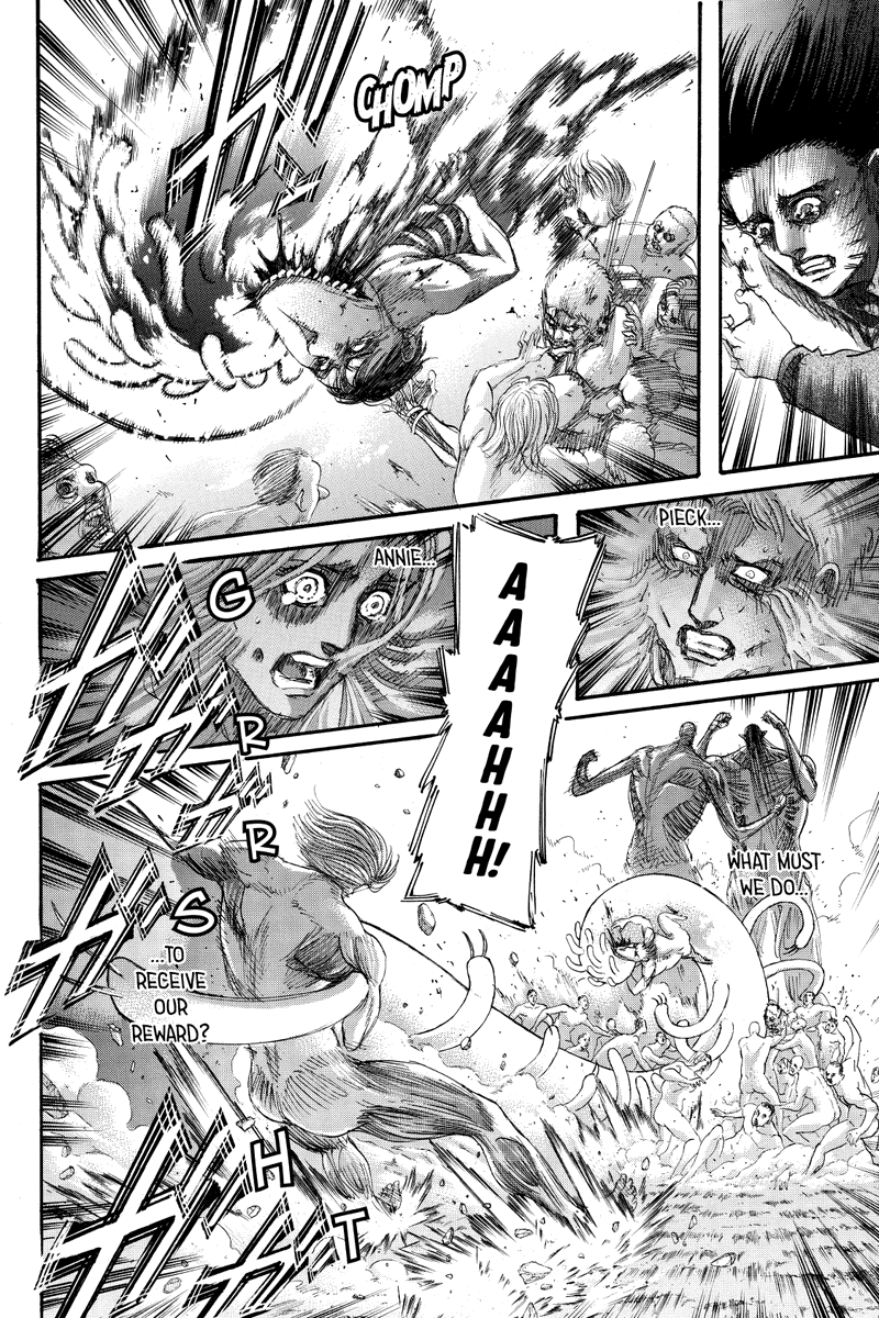 I thought Warriors would’ve got their moment to shine during their fight with hallucigenia in this chapter. But since Isayama went with the usual 45 pages route, I guess expecting things like this was a bit too much considering how Isayama was burned out at this point
