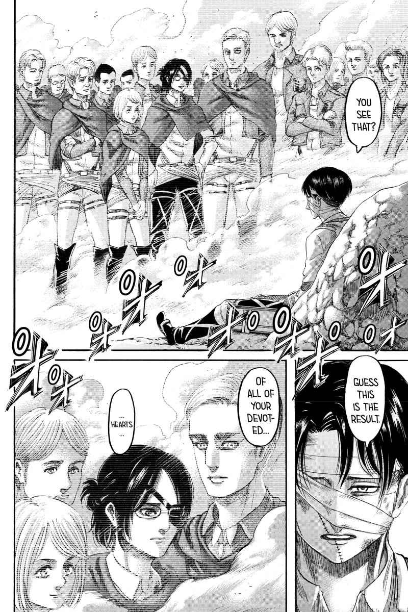Levi's closure is my fav moment from the ch & probably whole series. Him finally ensuring that he didn’t let his fallen comrades' sacrifices go in vain after everything he had to endure, then saluting to the soldiers who devoted their hearts one last time brought tears to my eyes