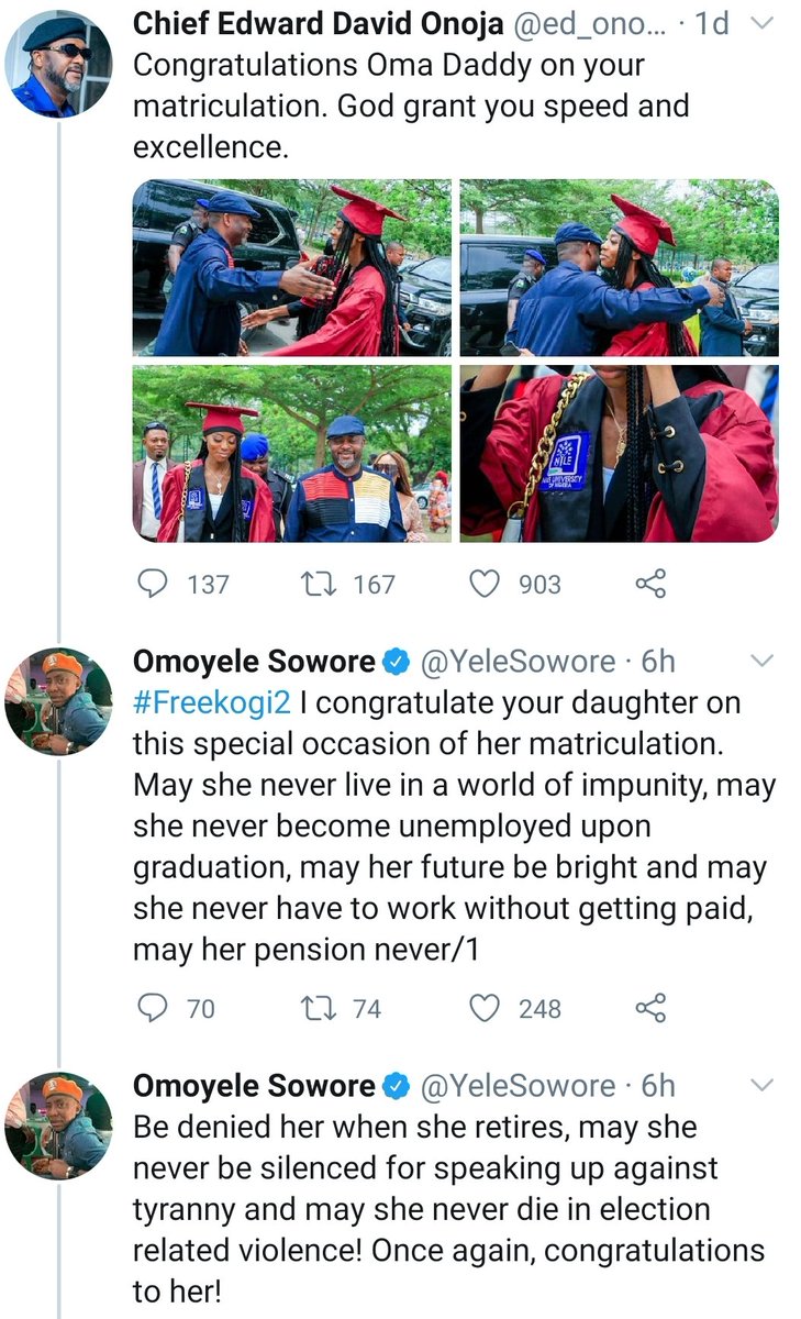 The moment the deputy governor of Kogi State and Sowore engaged in a fierce war of words after he 'congratuluated' the former's daughter