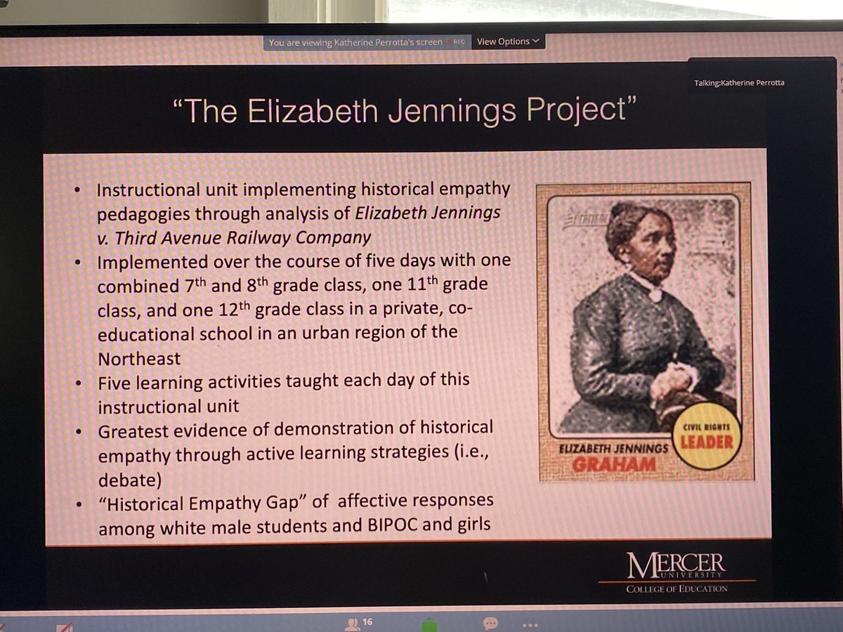 “Greatest evidence of demonstration of historical empathy through active learning strategies”  @DrKAPerrotta So fascinating to learn about Elizabeth Jennings.  #NCHE2021  #Empathy  #HistoricalEmpathy