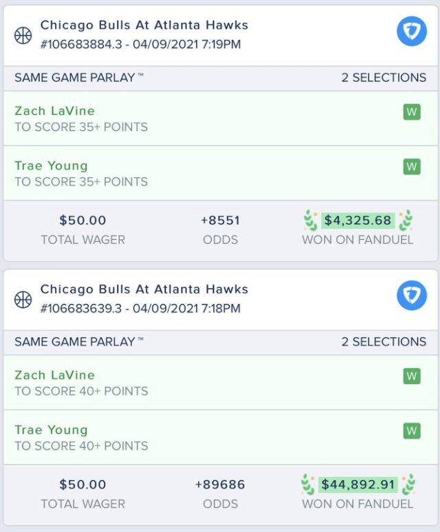 ActionNetworkHQ's tweet photo. Turned $100 into $48K on Trae and LaVine 🤯 🤯

(via @bigg_mike7 | @FDSportsbook) https://t.co/bbU54UiaLM