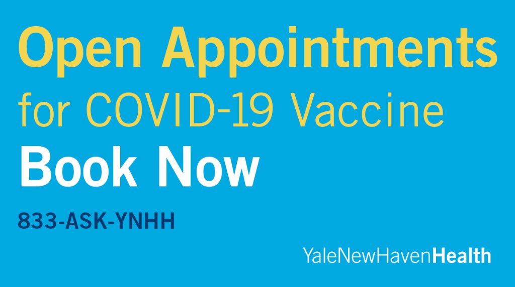 YNHH's tweet photo. First-dose Pfizer COVID-19 vaccine appointments are available for individuals 16+ who live, work or study in Connecticut. Locations in Greenwich, Bridgeport and New London. To schedule, call 833-ASK-YNHH (833-275-9644). https://t.co/AoClbhgHHU