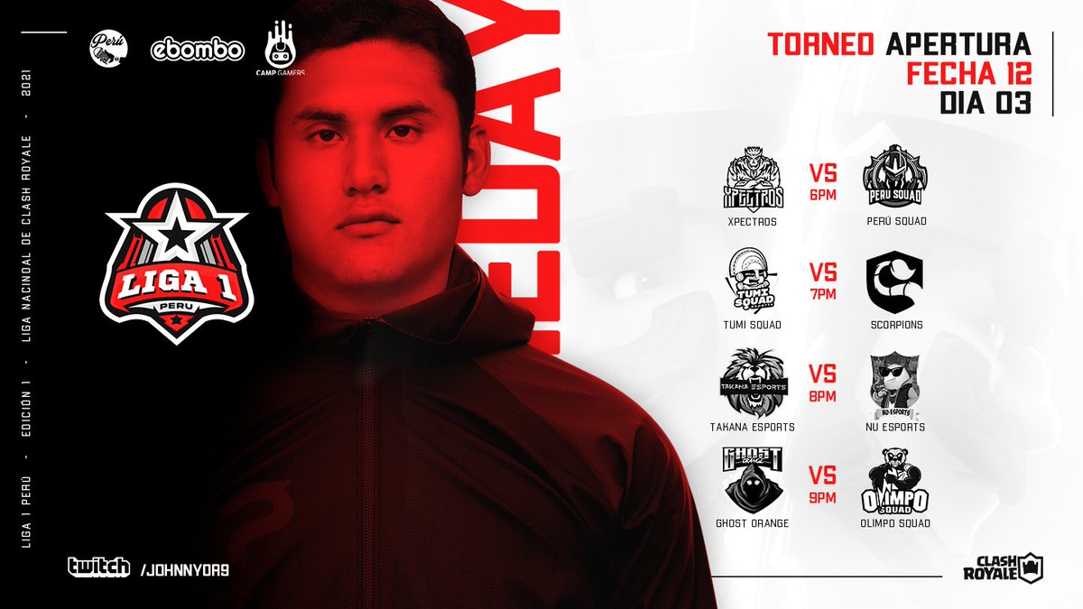 📢FECHA 12 / DÍA 3 la mejor <a href="/LIGA1_PE/">LIGA 1 PERÚ</a>
Transmisión en VIVO🔥
🎙️|<a href="/johnny_or9/">Johnny Obregón</a> 
📺|twitch.tv/johnnyor9?sr=a

⏰6:00pm
<a href="/XpectrosCr/">Xpectros</a> 
🆚
@peru_squad 

⏰7:00pm
<a href="/EclubTumi/">Tumi Squad</a> 
🆚
<a href="/ScorpionsGG/">Scorpions™</a> 

⏰8:00pm
<a href="/EsportsTakana/">Takana Esports</a> 
🆚
#NUDesports

⏰9:00pm
<a href="/GhostOrange1/">Ghost Orange</a> 
🆚
<a href="/OlimpoSquad/">Olimpo Squad⚡️</a> 

Los esperamos..